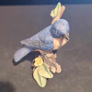 Blue Ceramic Bird Figurine - Decorative Blue and Cream Bird Statue